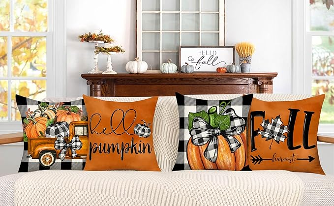 Fall Pillow Covers 18x18 Set of 4 for Thanksgiving Buffalo Check Farmhouse Decorations Orange Pumpkin Outdoor Autumn Farm Truck Pillows Decorative Throw Cushion Case for Home Decor, S23F22