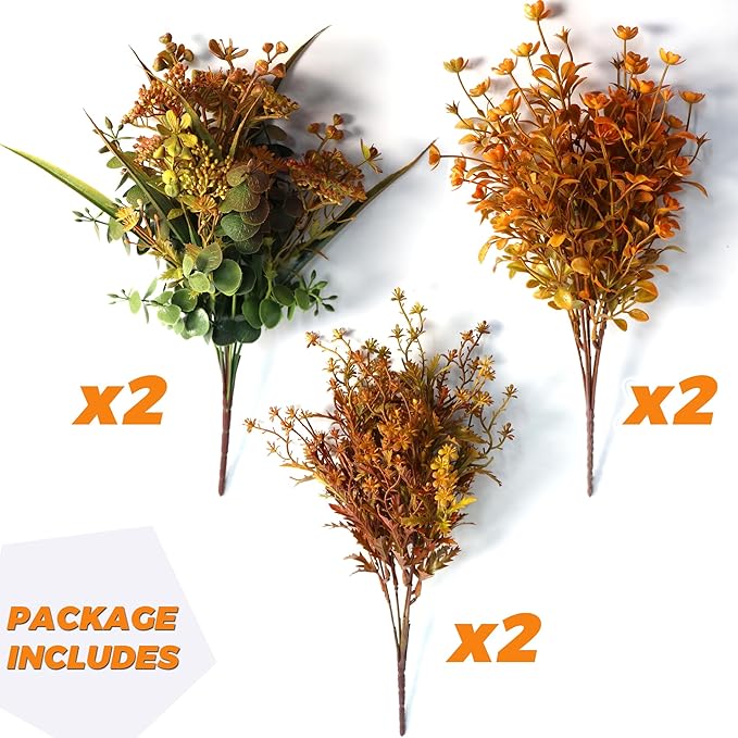 6 Bundles of Artificial Fall Flowers and Autumn Decoration Leaves Greenery Shrubs for Thanksgiving: Home Kitchen Room Farmhouse Floral Arrangements Indoor/Outdoor Wedding Party Fireplace Fall Mixed Colors