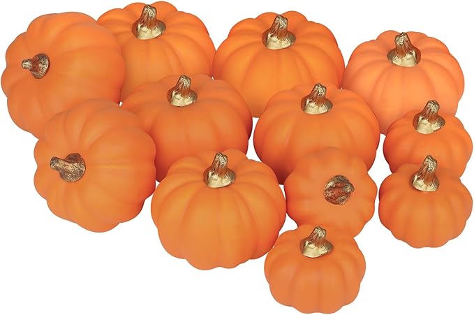 Artificial Pumpkins Bulk 12Pcs Assorted Sizes Harvest Lifelike Pumpkin Fake Foam Pumpkin for Fall Autumn Halloween Home Party Thanksgiving Party Holid