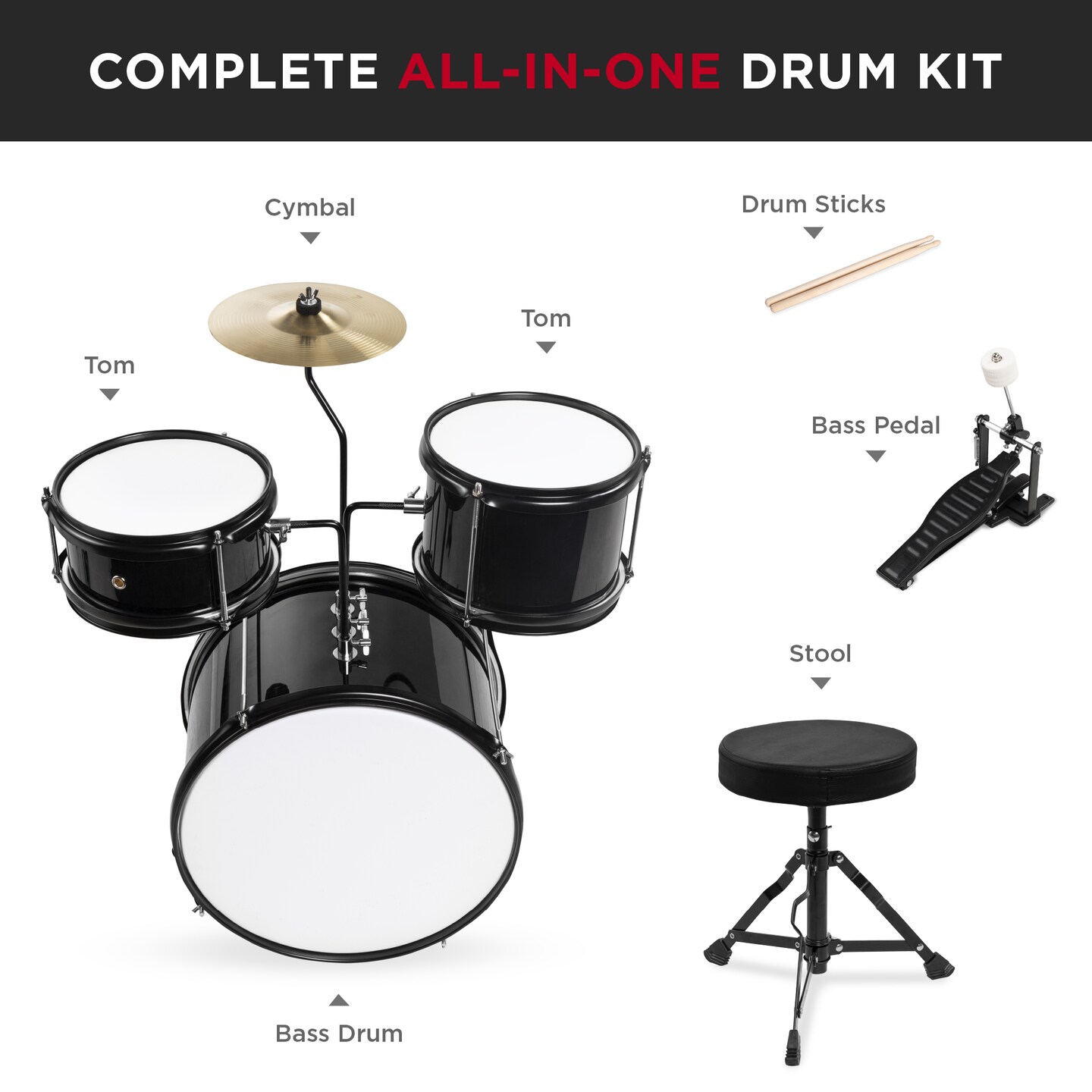 Best Choice Products Kids Beginner 3-Piece Drum, Musical Instrument Set w/ Sticks, Cushioned Stool, Drum Pedal