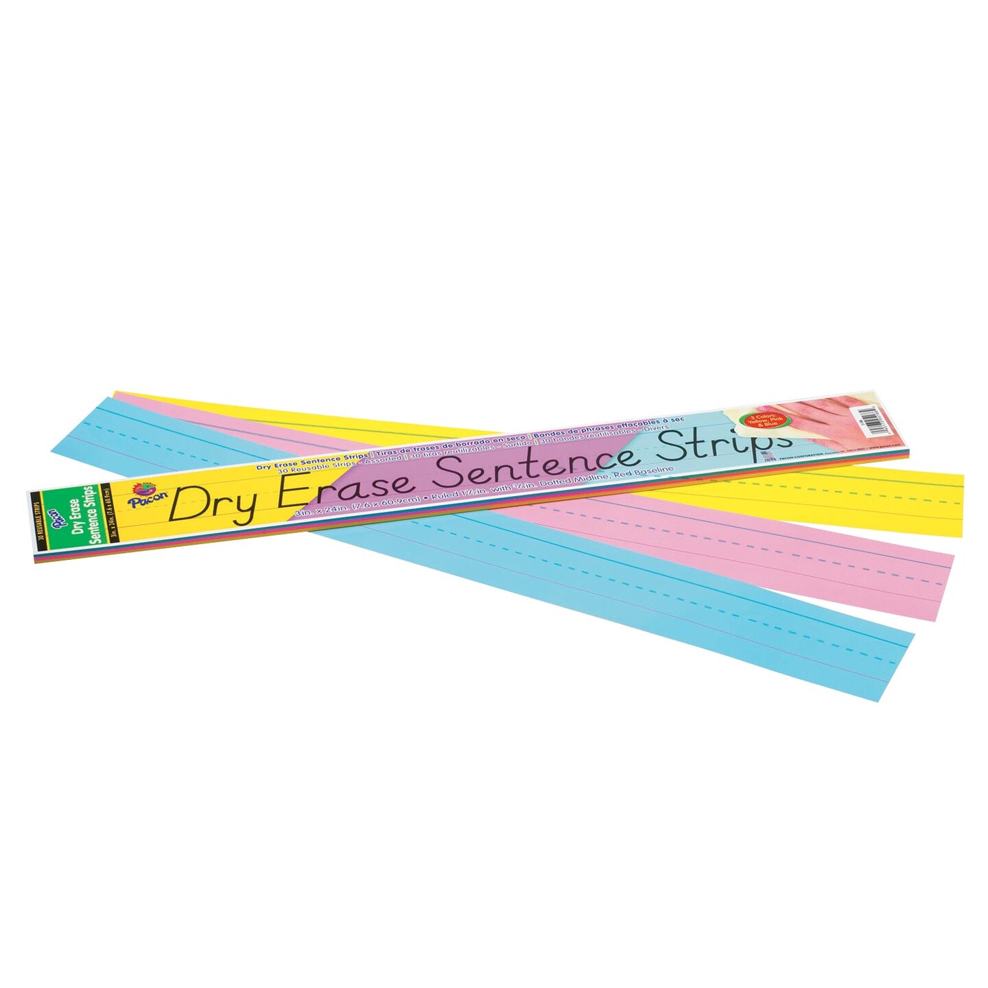 Dry Erase Sentence Strips, 3 Assorted Colors, 1-1/2&#x22; X 3/4&#x22; Ruled, 3&#x22; x 24&#x22;, 30 Strips