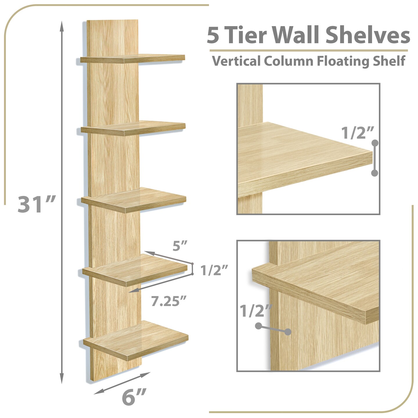 Sorbus 5 Tier Wall Shelf Unit, Vertical Column Utility Shelving for Home Decor and Storage Organizer, Wall-Mounted Floating Shelves