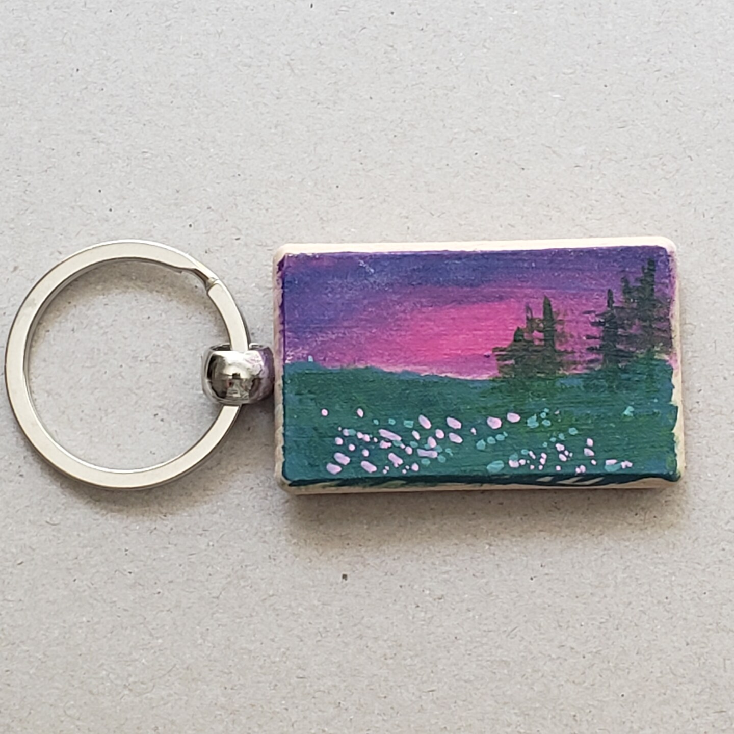 Keychain handpainted - Rectangular - Acrylic Landscape with Purple