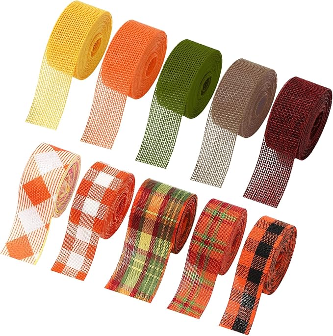 10 rolls of 50 yards each of fall plaid burlap ribbon, 1 inch gift wrapping ribbon, and autumn decorative ribbon for DIY crafts. Wreath and Bow Making Supplies for Home Decor