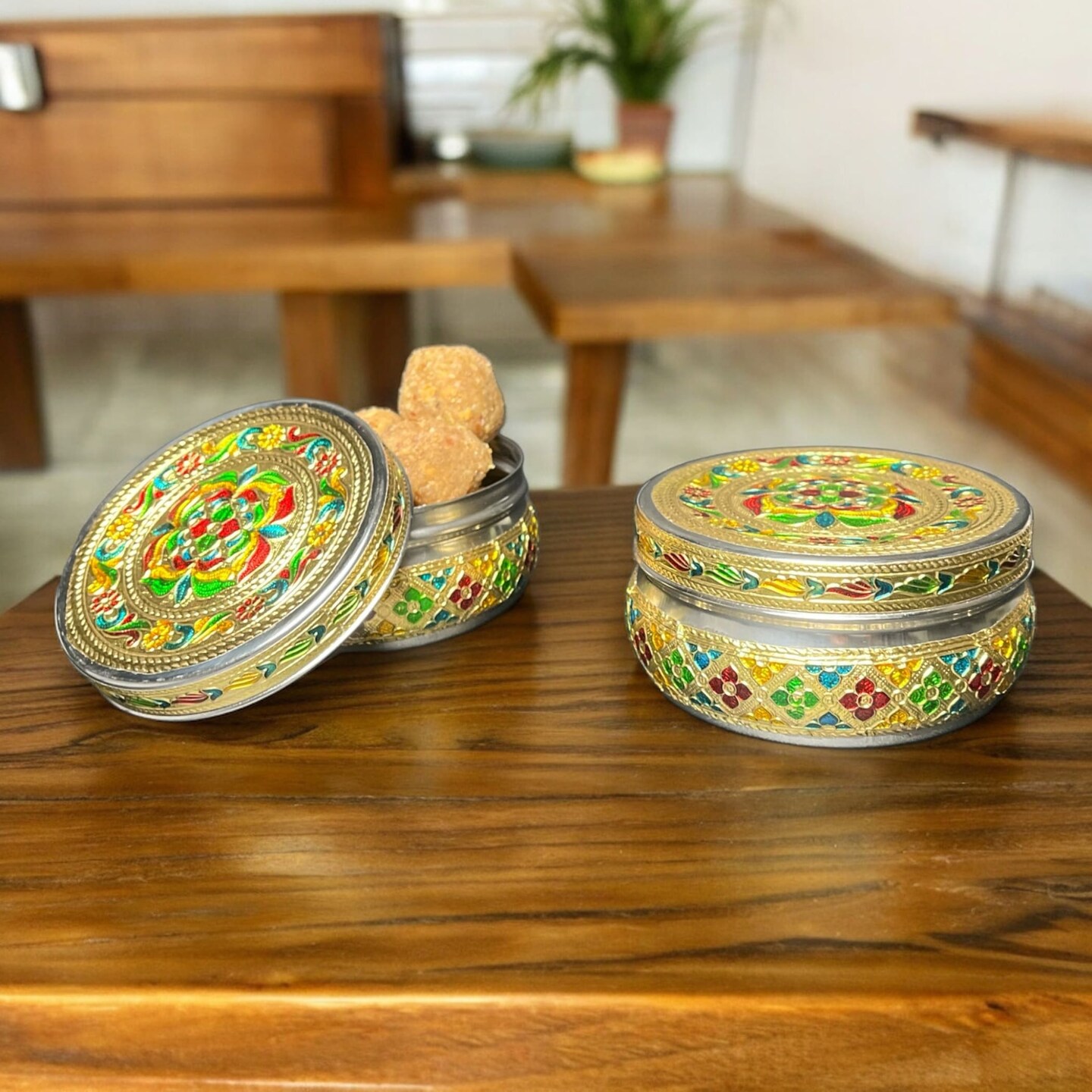 4 Ct Meenakari Stainless Steel Box Decorative Small Round Cookie Tin Indian Wedding Favor Container Dabba for Sweets Laddu Dryfruit Chocolate Multipurpose Storage Box - Housewarming Gift