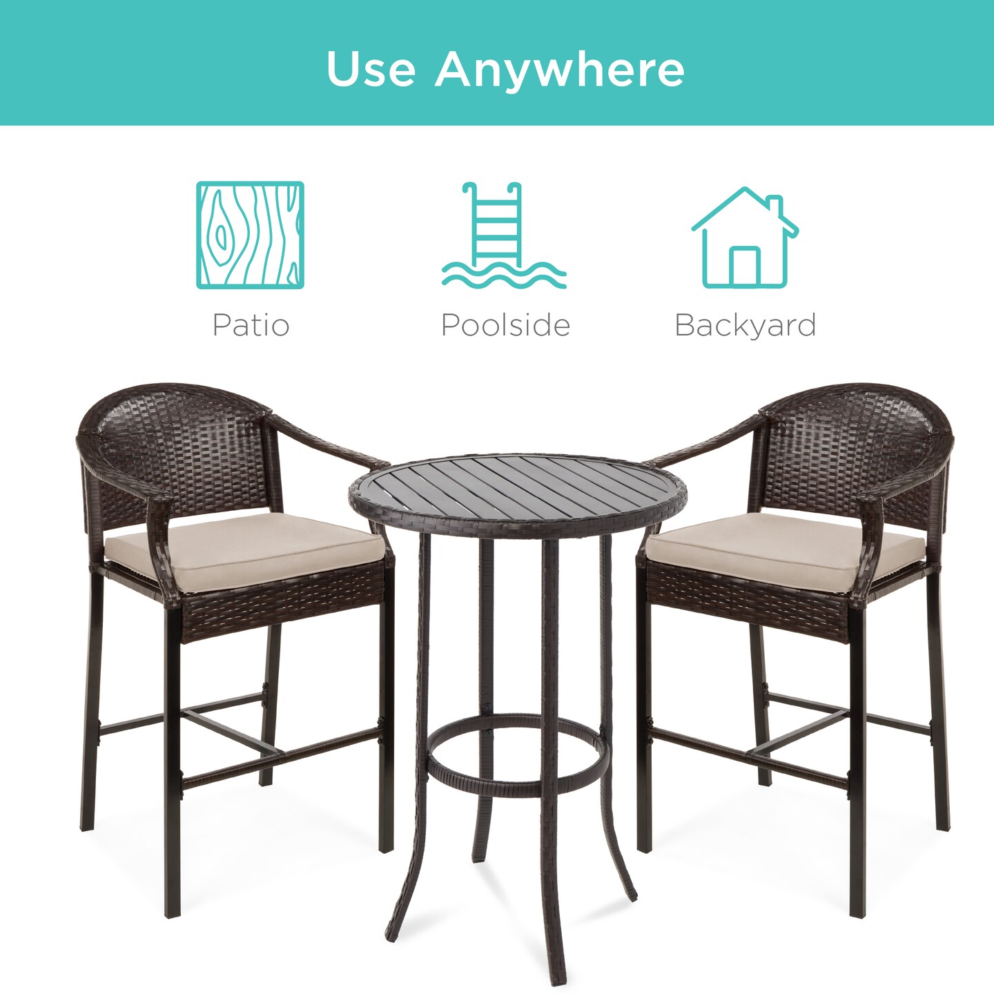 Best Choice Products 3-Piece Outdoor Wicker Bistro Bar Height Set for Patio, Garden w/ Barstools, Steel Frame