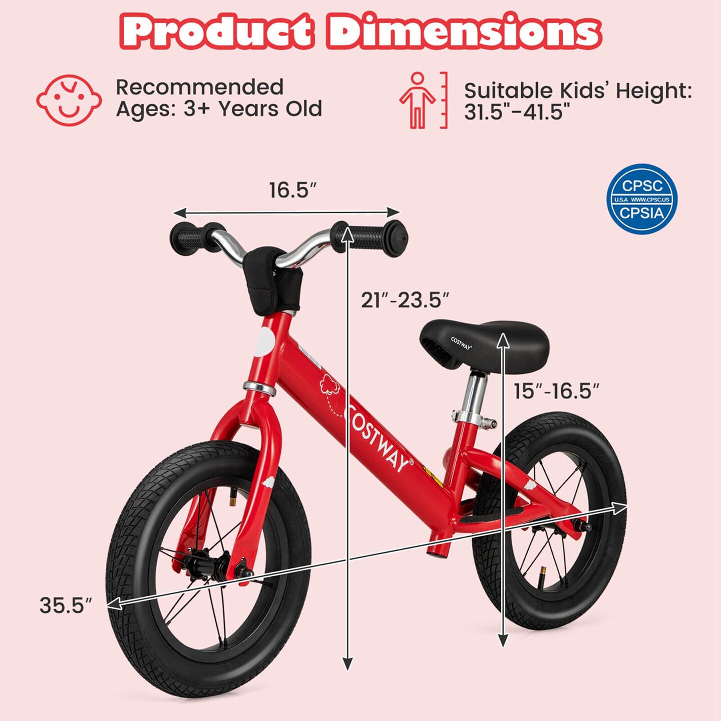 Costway 12 Inch Toddler Balance Bike No Pedal Training Bicycle with Inflatable Rubber Tires Yellow/White/Red
