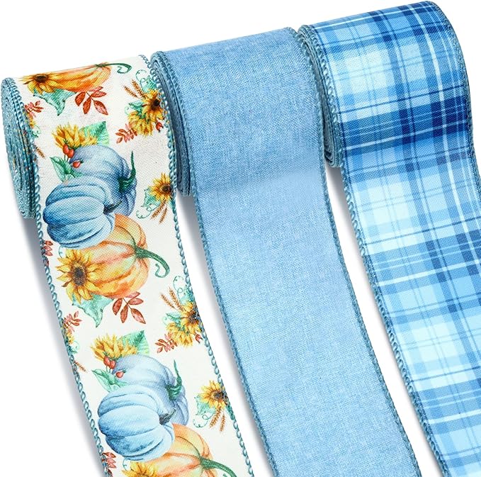 3 rolls (30 yards) of fall wired ribbon Thanksgiving Pumpkin, Buffalo Plaid Ribbon Autumn Harvest Ribbons for Wreaths, Bow Making Supplies, and Gifts Wrapping Decoration (Blue).