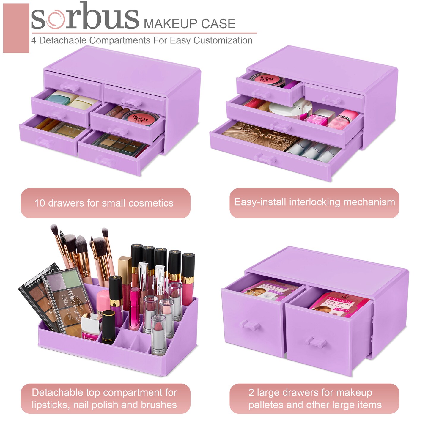 Sorbus Large Makeup Organizer - Stackable Jewelry, Cosmetics, and Skin Care Storage with 12 Drawers and Lipstick and Makeup Brush Holder