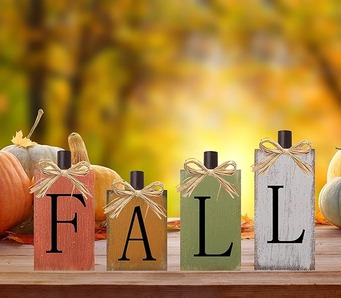 Fall Decorations for Home Thanksgiving signs Harvest Fall Autumn Home Decor with Vintage Farmhouse Block Sign on Wooden Table