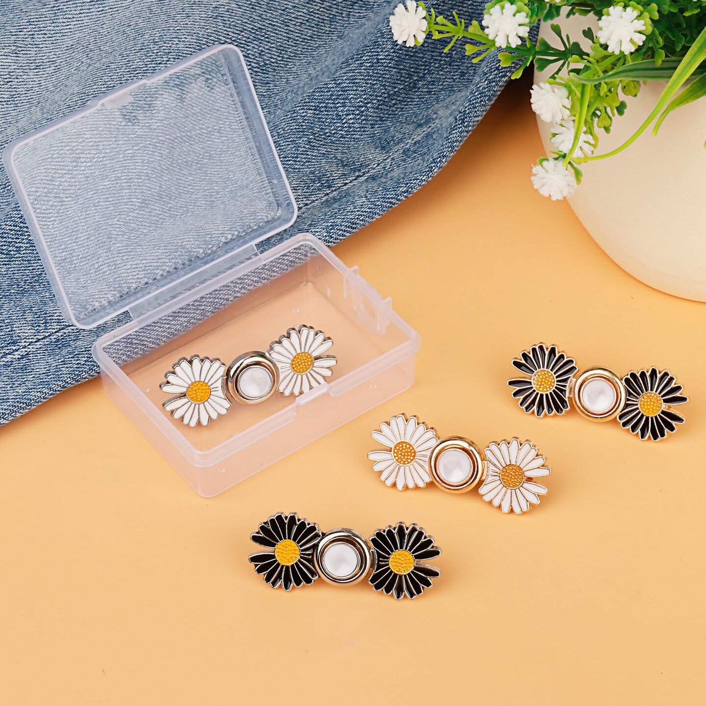 Pant Waist Tightener, Detachable Jean Buttons for Loose Jeans, No Sew and No Tools Button Pins for Jeans, Adjustable Jean Buttons Pins, Daisy Flower Instant Pants Button Tightener 4 Sets