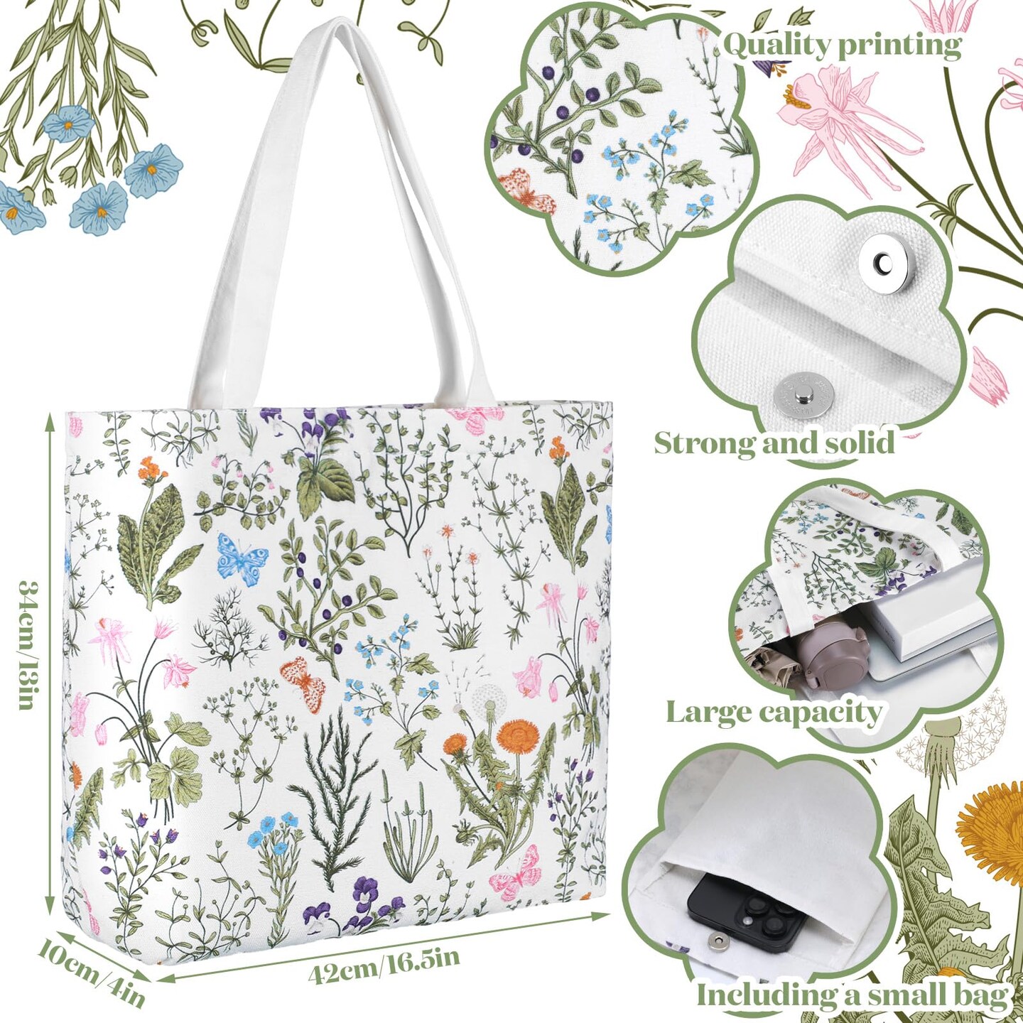 2 Pcs 2 Pcs Spring Canvas Tote Bags Floral Tote Bag Cute Aesthetic Wildflower Herbs Reusable Grocery Bags for Women (Classic)