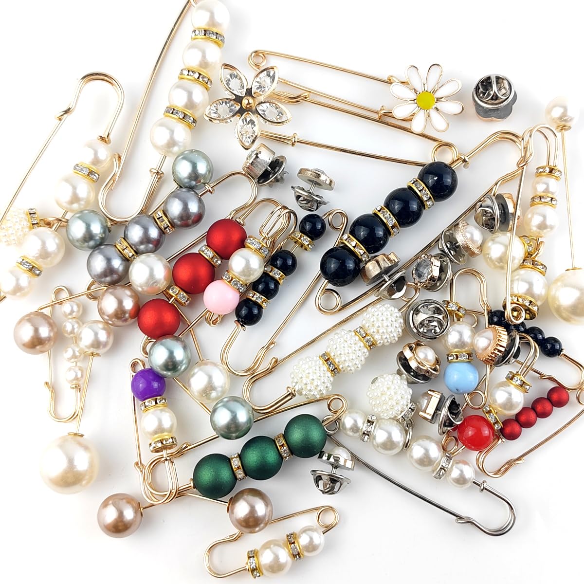 40PCS Pearl Brooch,Pant Waist Tightener Safety Pin Double Faux Pearl Brooches for Women Girls Fashion Cover Up Buttons Clothing Dresses Decoration Accessories Pant Waist Tightener Safety Pins