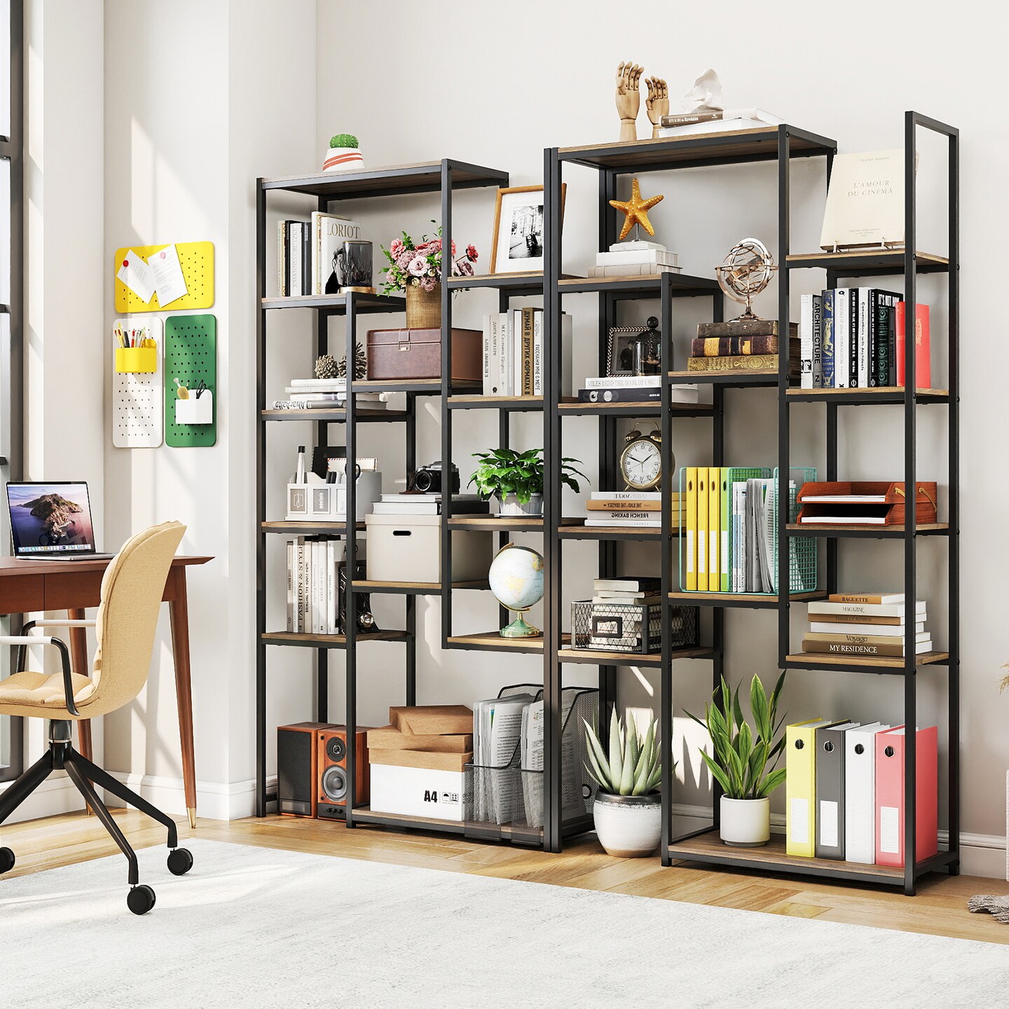 Walnut Vintage Geometric Bookshelf 12 Open Shelves 71-Inch Height