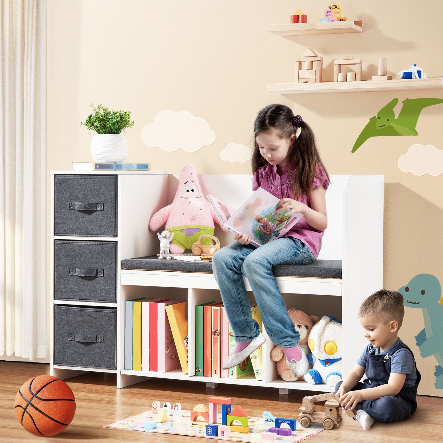 Kids Storage Bench with 6 Compartments 3 Drawers and Removable Cushion for Playroom