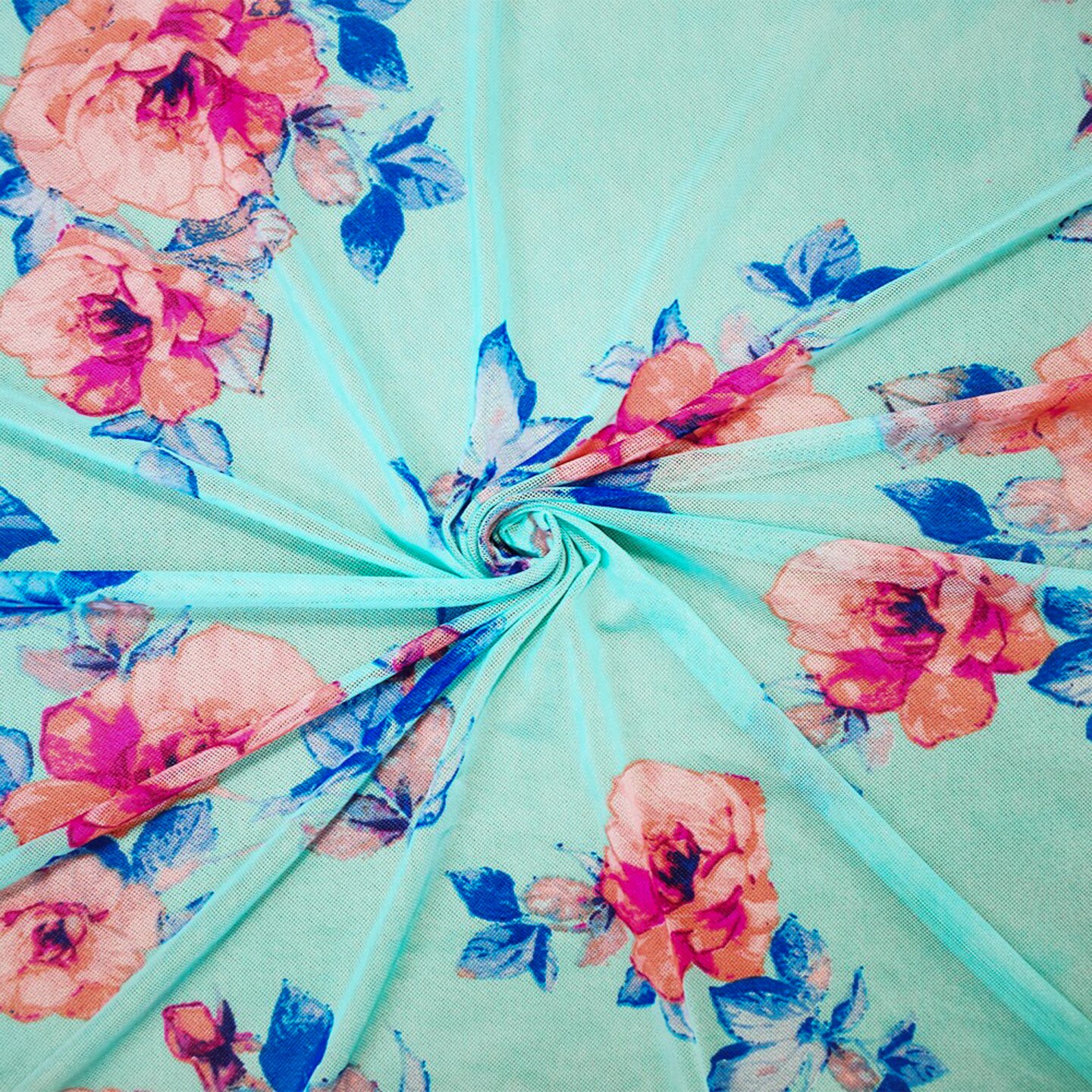 Aqua Teal-Multi Poly Stretch Spandex Floral Printed Mesh Knit Fabric By the Yard
