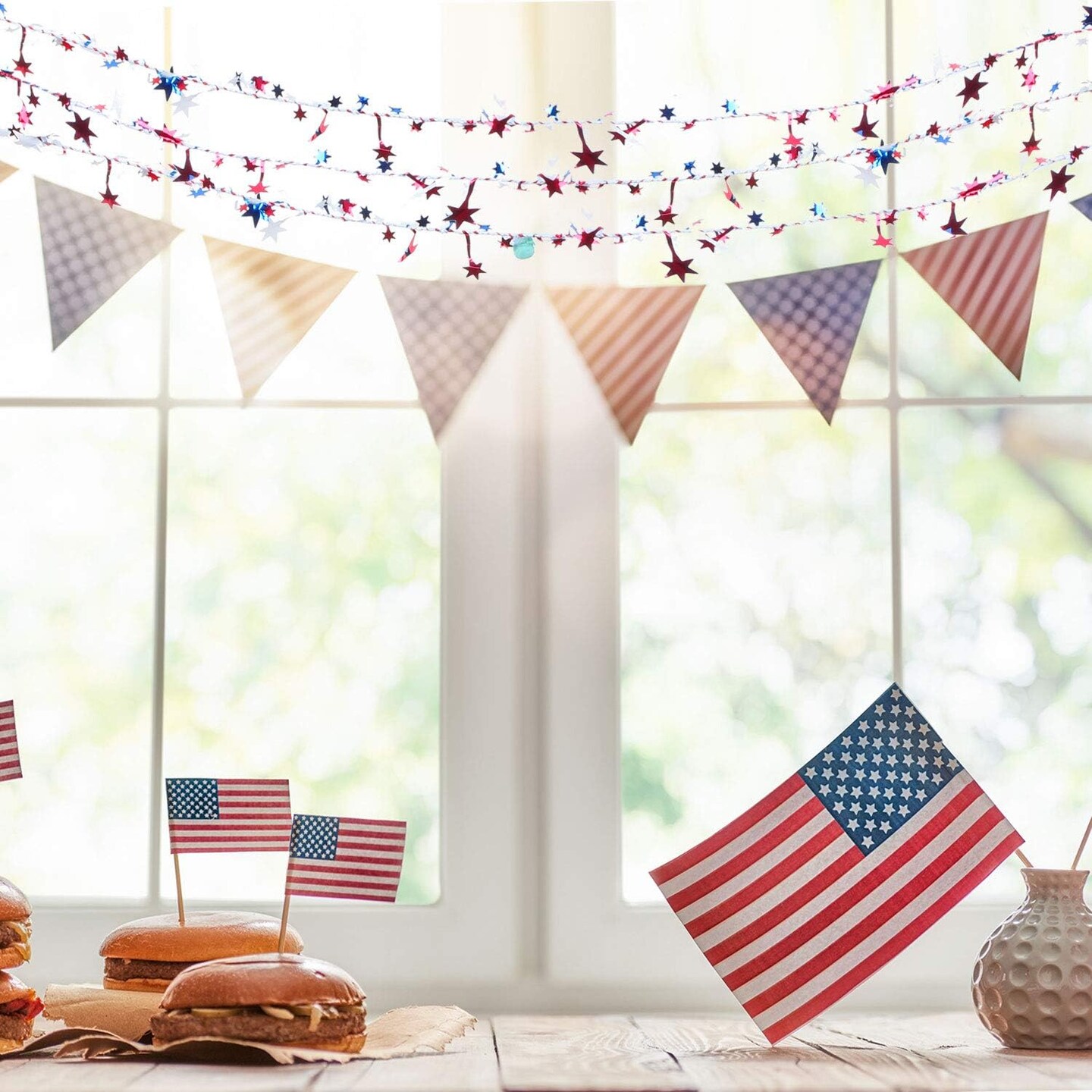 Patriotic 4th of July Independence Day Star Wire Tinsel Garland Decoration Red Blue White Hanging for Memorial Day Party Decoration Photo Backdrops Props (48 M/ 157.5 Feet)