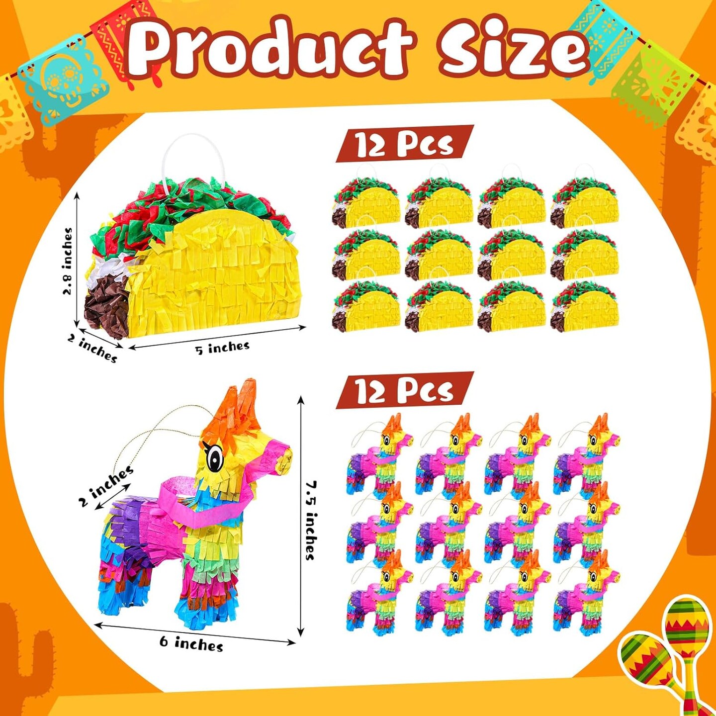 24 Pcs Mini Pi&#xF1;ata Bulk, 12 Pcs Mini Donkey and Taco Pi&#xF1;ata for Cinco De Mayo, Mexican Birthday Party, Fiestas Decorations Party Favors, Day of the Dead, Table Decor
