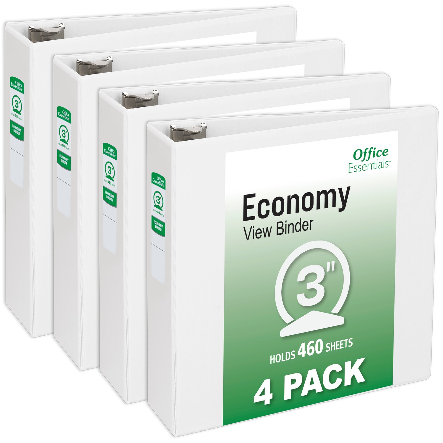 Office Essentials Economy View 3 Ring Binders, 3&#x22; Round Rings, 3.5&#x22; Spine, 460-Sheet Capacity, White Binders (4-Pack of 03148)