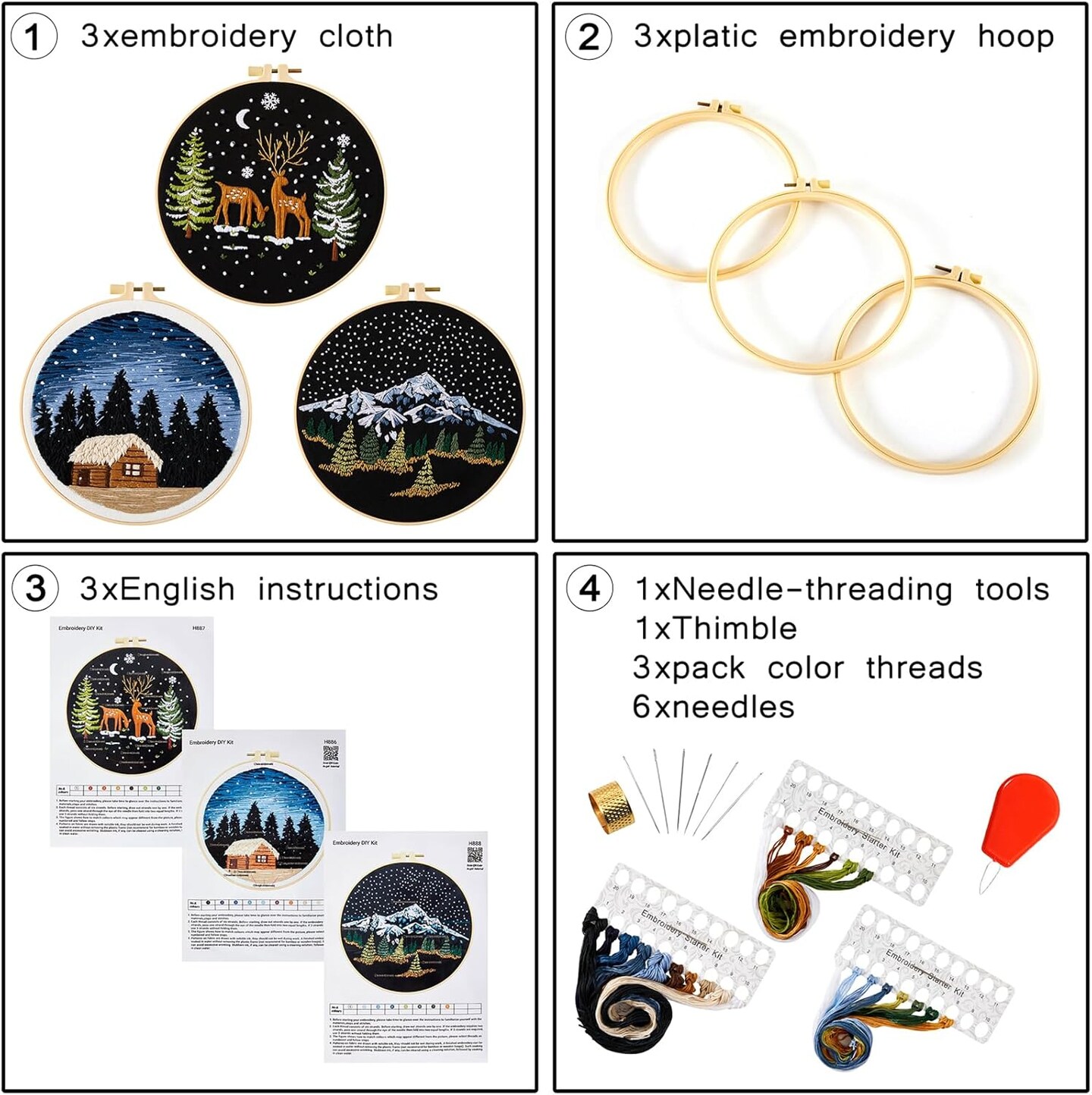 Embroidery Kit for Beginner Adults, Counted Stamped Cross Stitch kit for Adult Beginner, Hand Embroidery Starter Kits with Pattern, 3 Embroidery Hoop, Fabric (Attached Teaching Video QR Code)