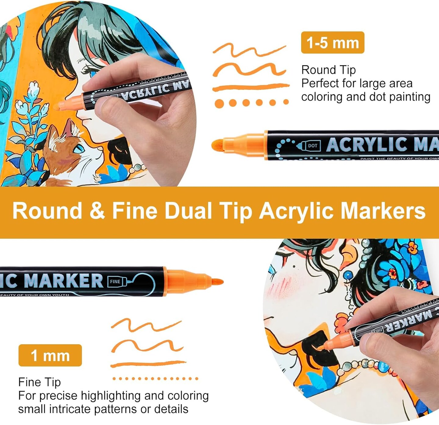 12 Colors Waterproof Dual Tip Acrylic Paint Pens, Dot &#x26; Fine Tip Premium Coloring Drawing Markers Set for Wood, Rock Painting, Canvas, Glass, Ceramic Surfaces and DIY Crafts Making Art Supplies