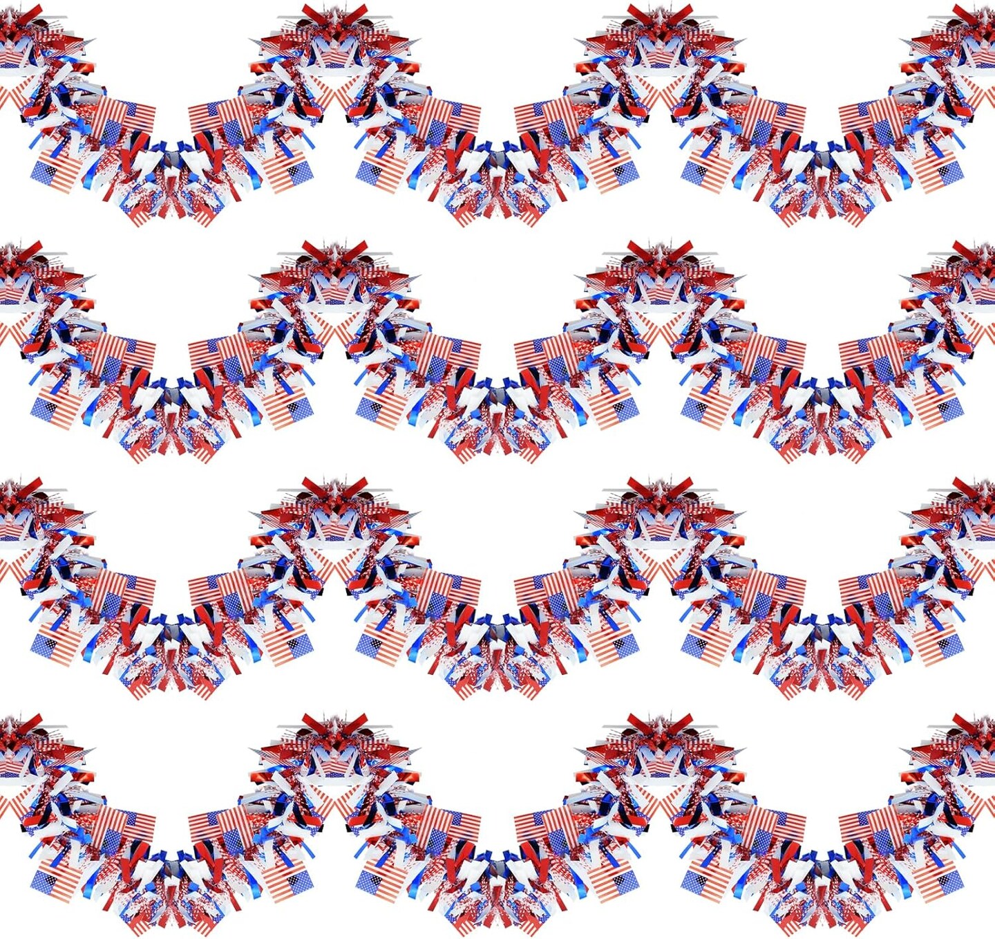 4 Strings Total 26.3 ft American Flag Tinsel Garlands - Each 6.6ft Red White Blue Fringe Garland with USA Flag Hanging Glitter Streamers for 4th of July, Independence Day, Patriotic Party Decorations