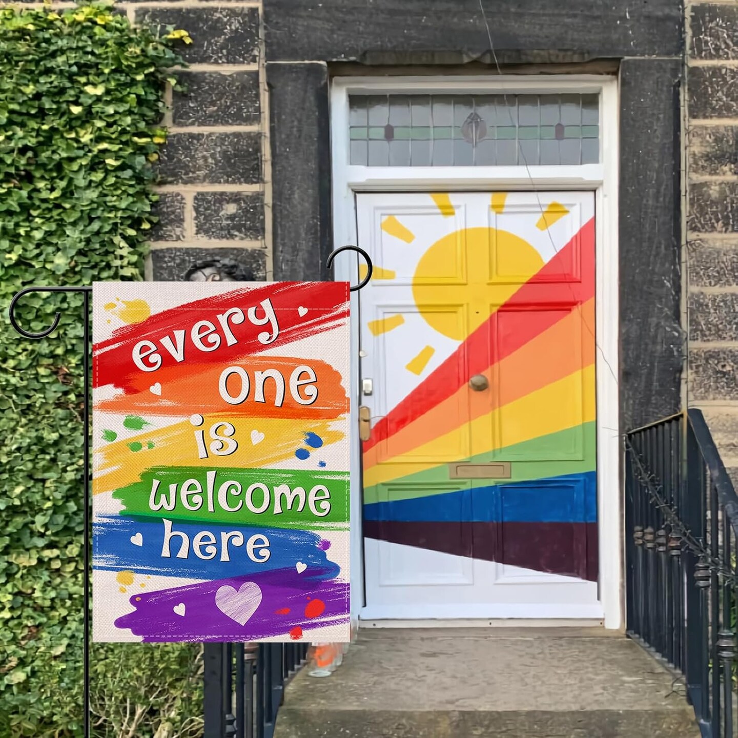 Pride Rainbow Every One is Welcome Here Small Decorative Garden Flag, LGBTQ Gay Lesbian Yard Lawn Outside Decor, LGBT Bisexual Pansexual Burlap Outdoor Home Decoration Double Sided 12 x 18