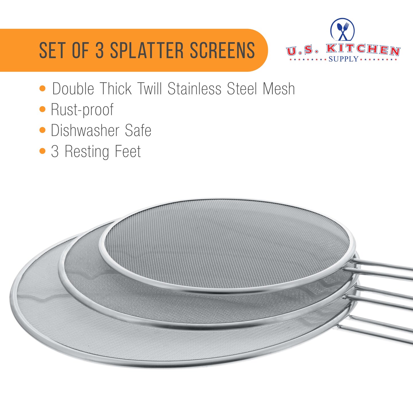 U.S. Kitchen Supply&#xAE; 13&#x22;, 11.5&#x22;, 9.5&#x22; Stainless Steel Fine Mesh Splatter Screen with Resting Feet Set - For Boiling Pots, Frying Pans - Grease Oil Guard, Safe Cooking Lid