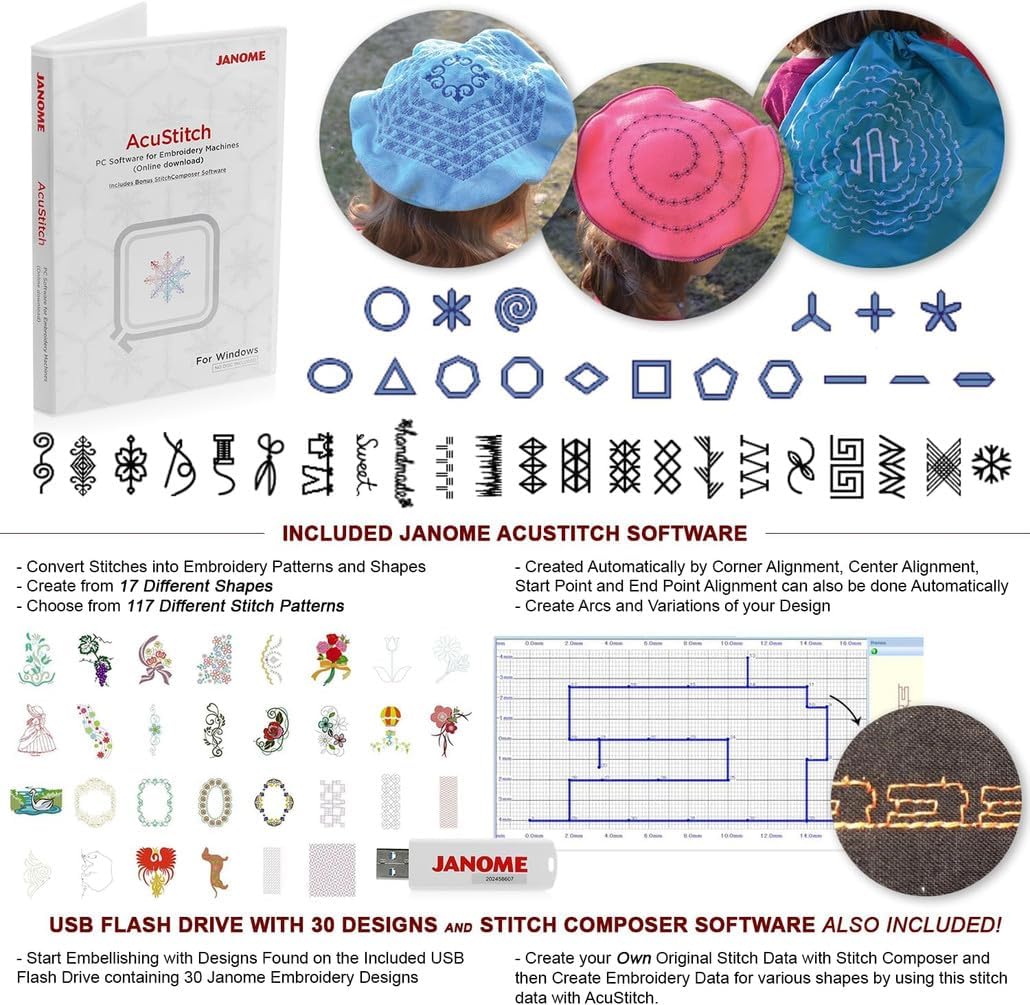 Janome Memory Craft 500e LE Embroidery Machine Bundle - Includes Genuine 5-Spool Thread Stand, Janome 3.9" x 1.6" Hoop, Acustitch Software + Janome USB Flash Drive w/ 30 Embroidery Designs