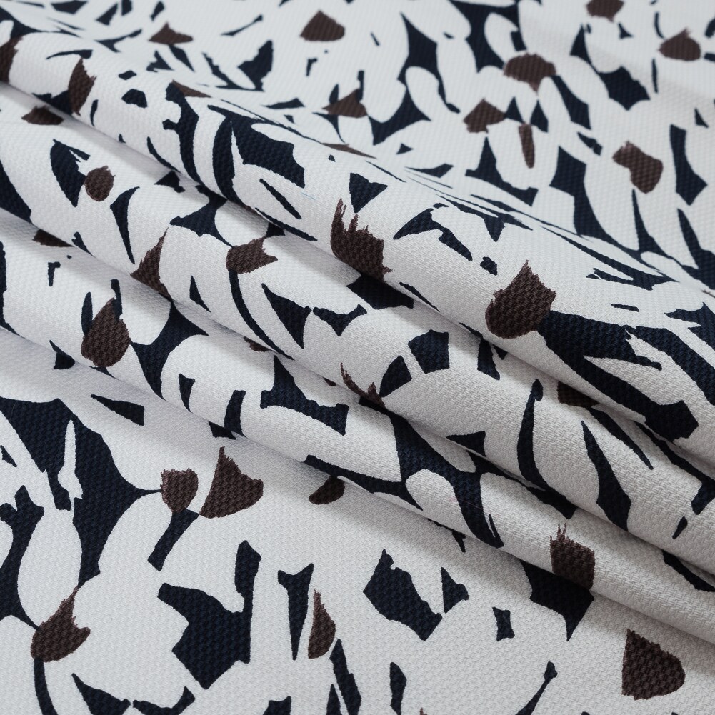 1 Yard White Navy and Brown Floral Stretch Cotton Pique Deadstock Fabric