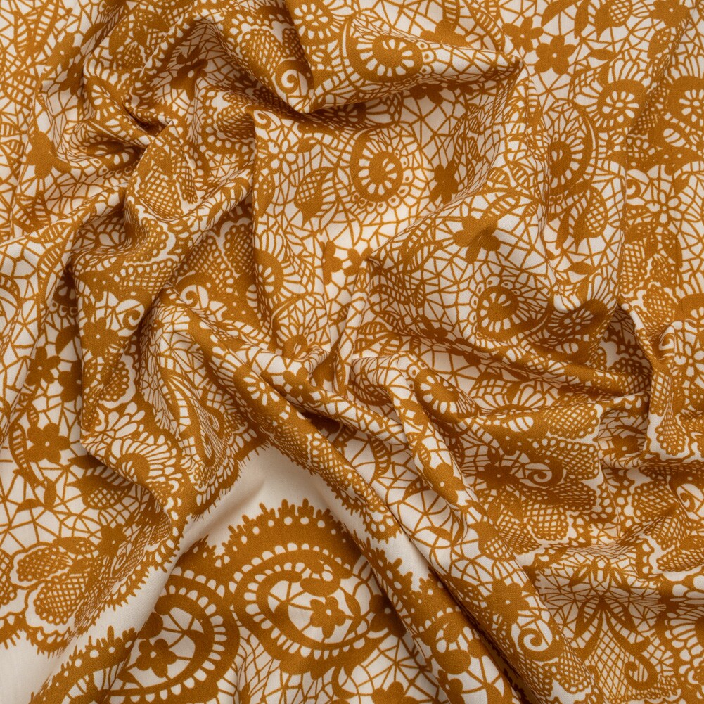 1 Yard Cotton Poplin Fabric Ochre Yellow White Floral Lace Print Panel 59 inch