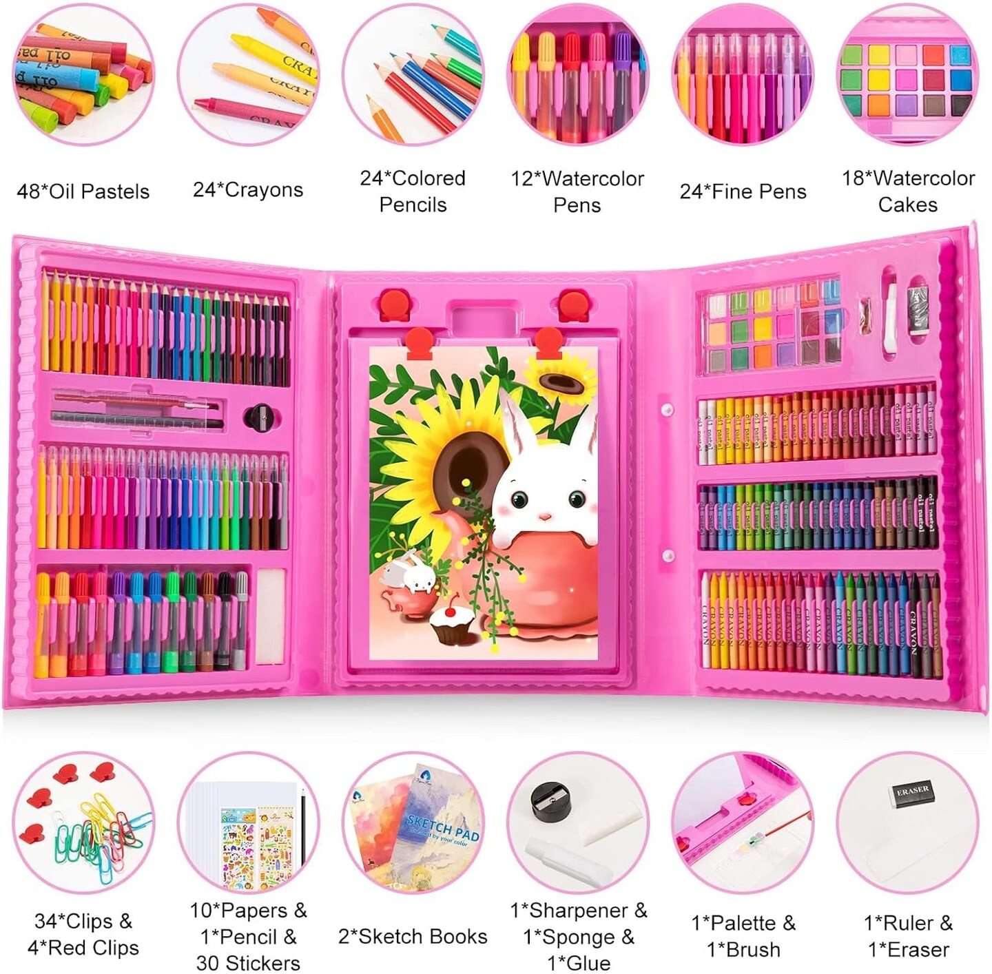 240-Piece Drawing Art Kit, Gifts for Kids Girls Boys Teens (Pink)