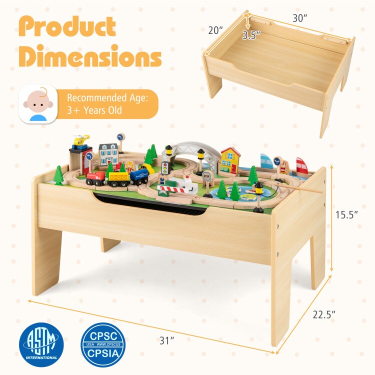 78-Piece Wooden Train Table Playset for Kids with Chalkboard and Map Board Storage