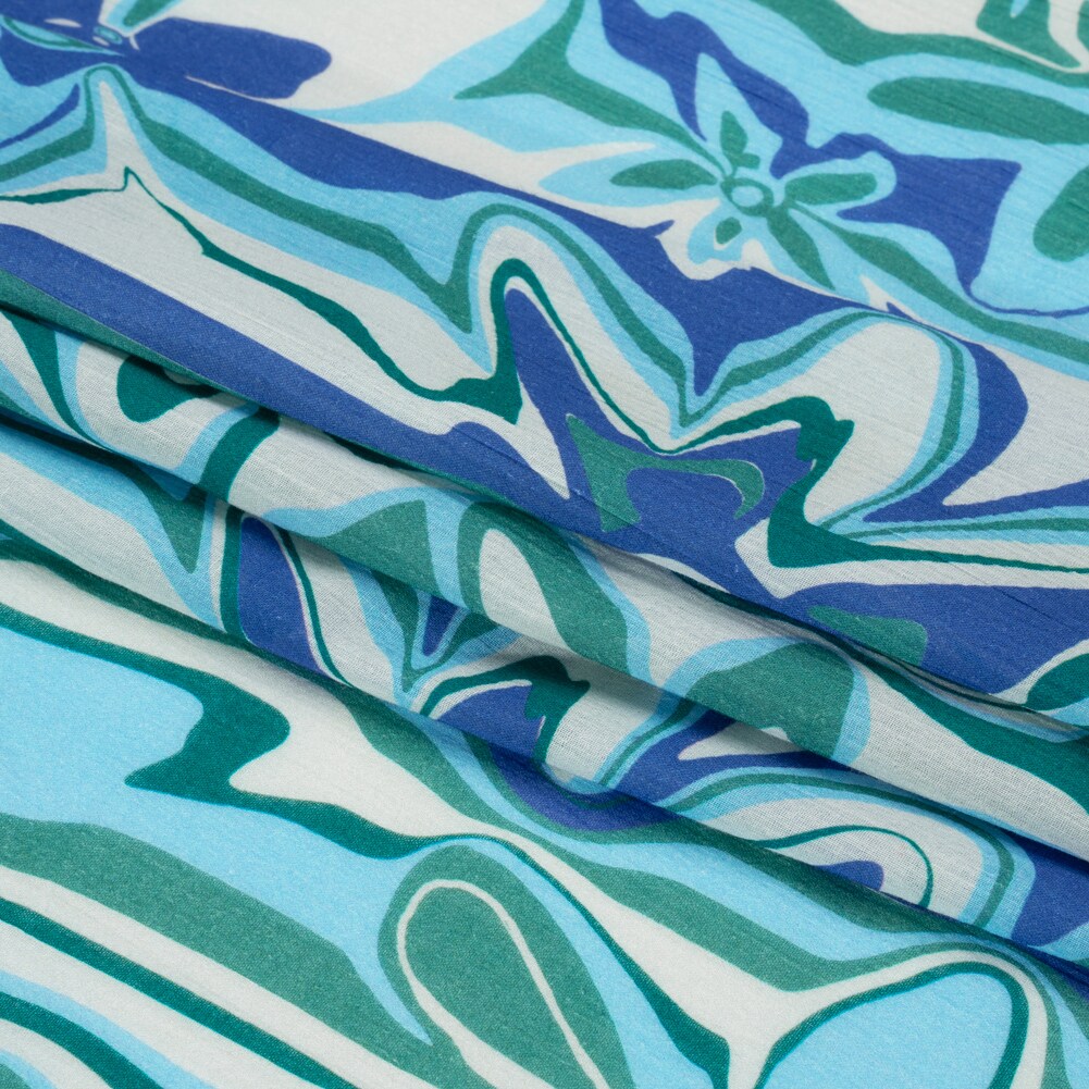 1 Yard Blue and Green Crinkled Cotton Gauzy Woven Floral Fabric