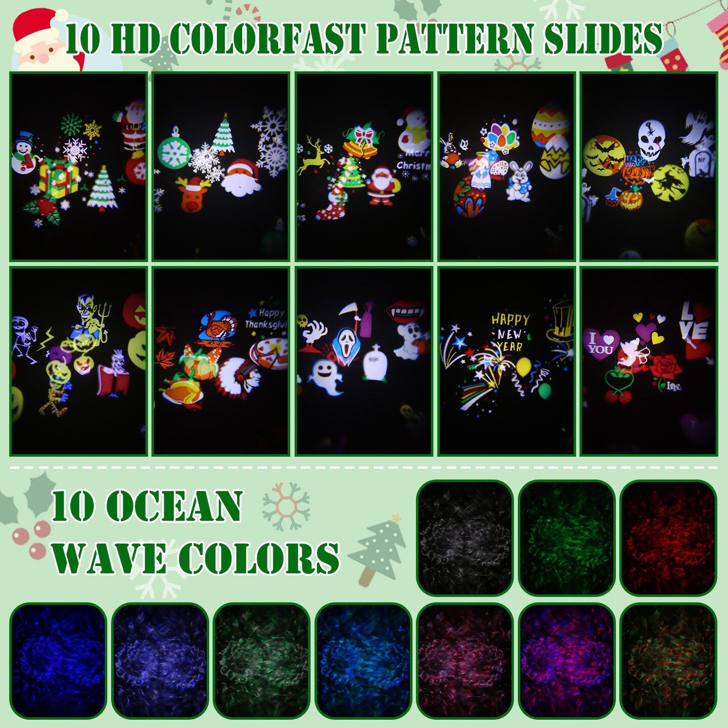 2 In 1 Holiday Projector Light Projection Lamp Indoor Outdoor with 10-Color Ocean Wave 10 HD Slides 3 Bases Remote Control for New Year Valentine&#x27;s Day Christmas Halloween Thanksgiving Easter