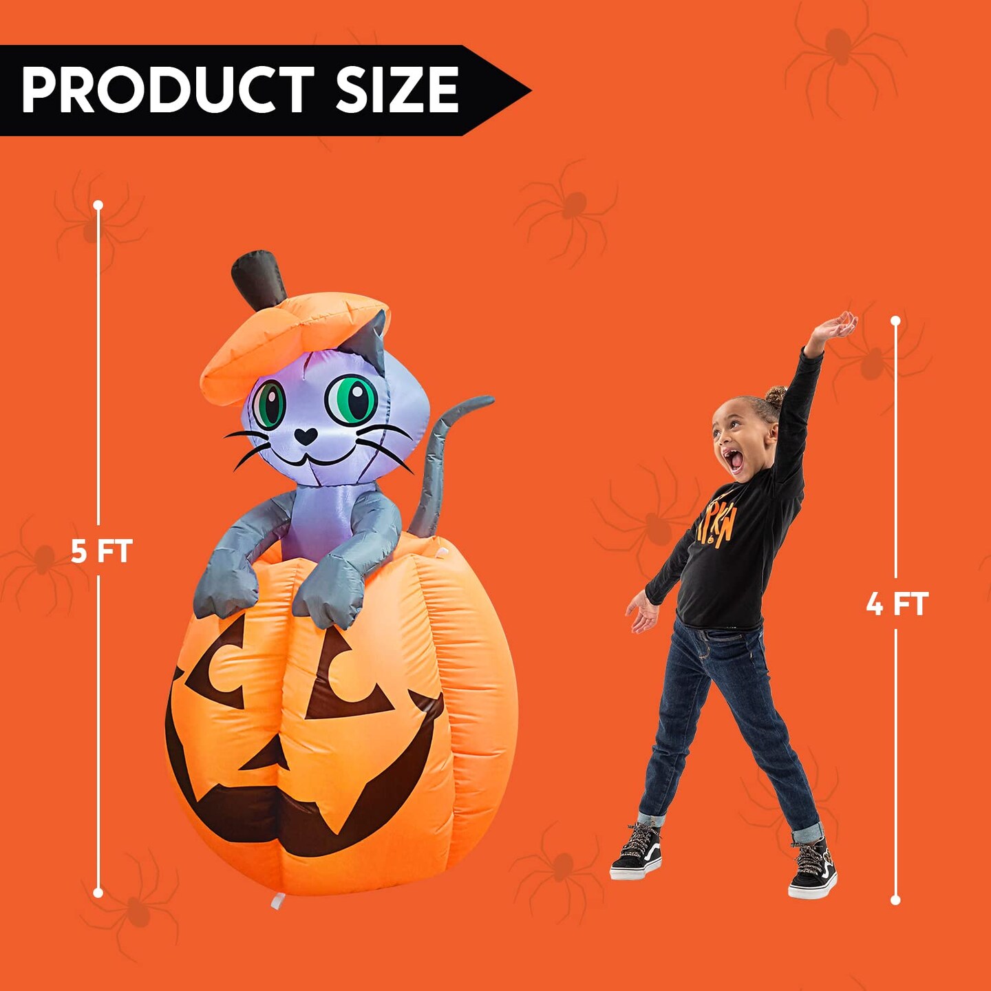 5 FT Halloween Inflatables Outdoor Decorations, Inflatable Halloween Decor Outdoor Blow Up Pumpkin for Yard, Animated Blow Up Cat On Pumpkin with LEDs for Outside Decor