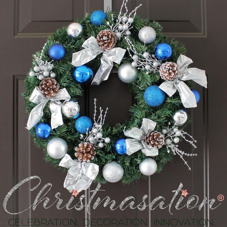 Icy Blue Pre-Decorated Christmas Wreath with Pre-Lit Option, Mantle,  Doorway, Holiday Decoration, Front Door Wreath, Shatterproof Ornaments |  MakerPlace by Michaels, image size:1080x1080