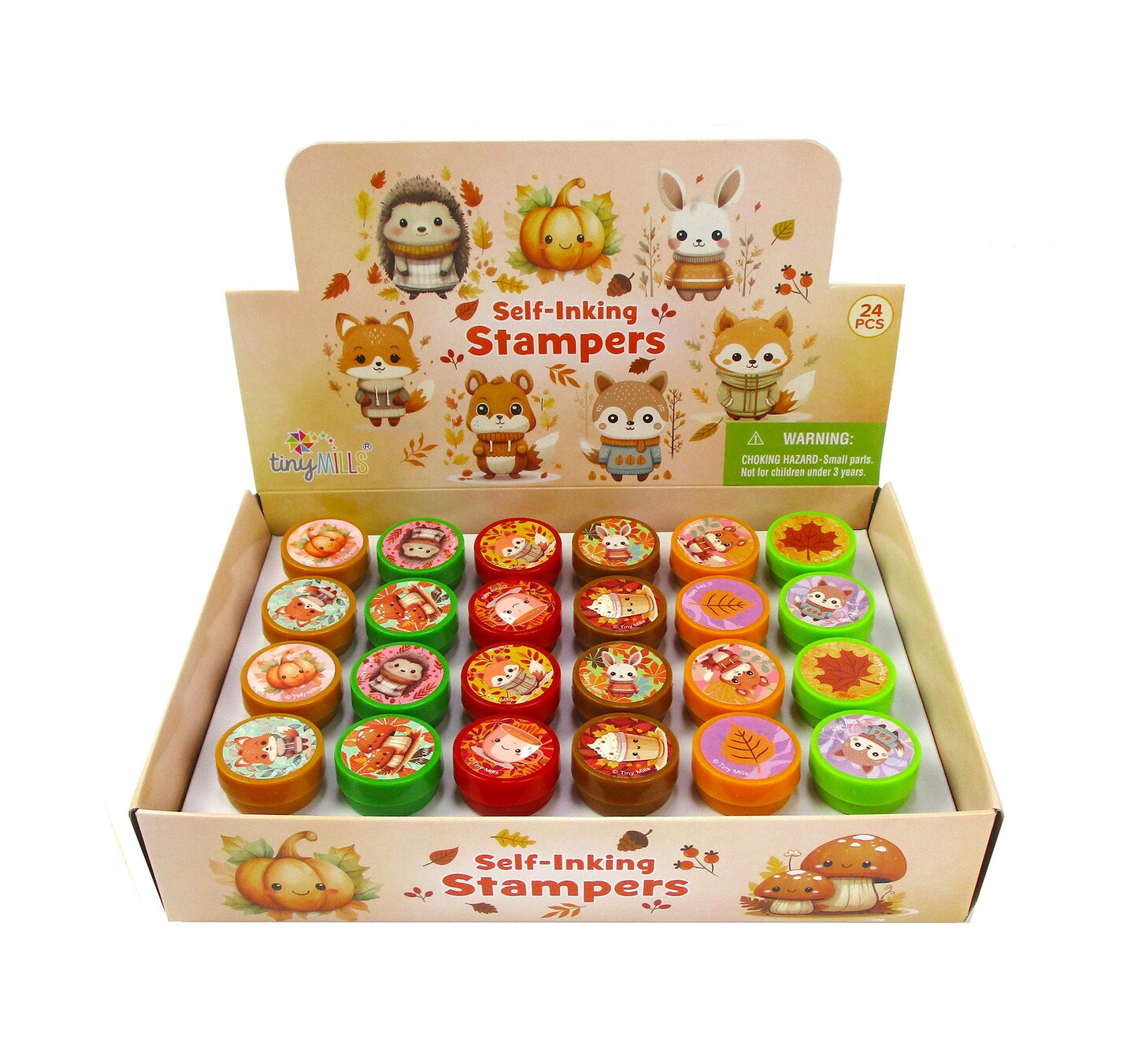 TINYMILLS Cozy Fall Animal Self-Inking Stampers, 24 Pack Autumn Themed Stamps with Pumpkin, Latte, Fall Harvest Animal Designs Arts and Crafts Party Supplies
