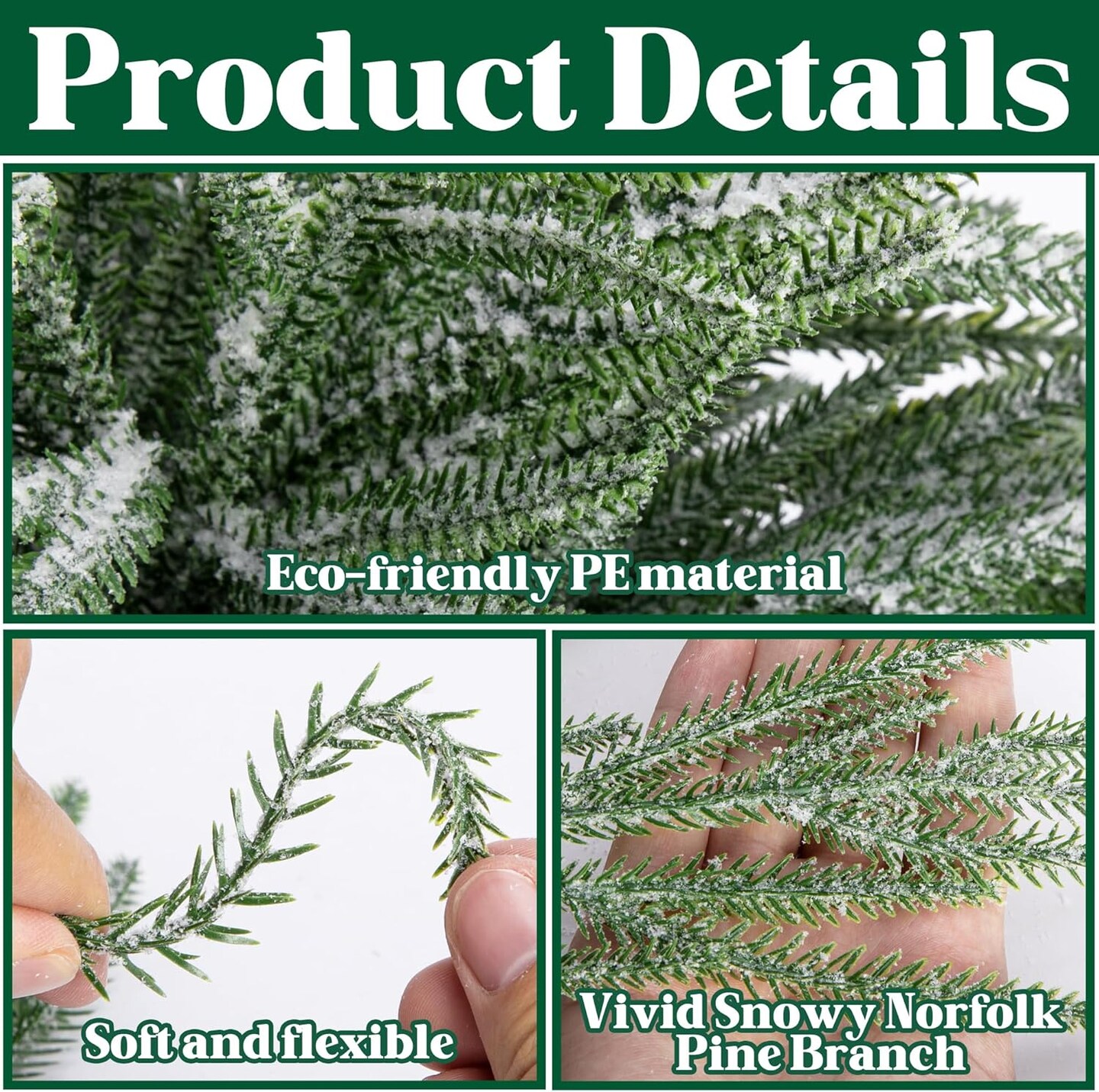 10 Pcs Christmas Snow Norfolk Pine Branches (Green, White)