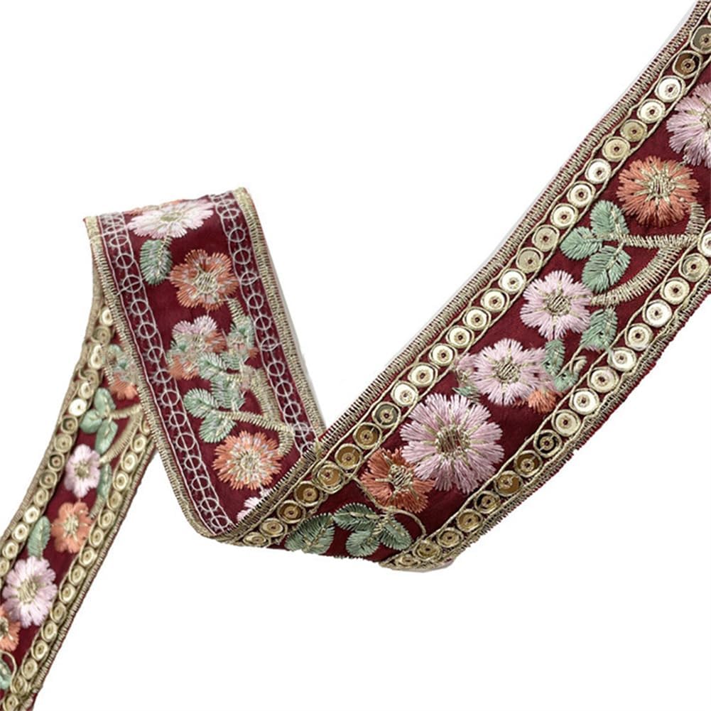 10 Yards 1.5 Inch Flower Jacquard Ribbon Trim Embroidered Ribbon Red Embroidery Tape Boho Floral Fabric Applique Sewing Ribbons for Sewing Making Craft Gift Diy Christmas Embellishment Decor