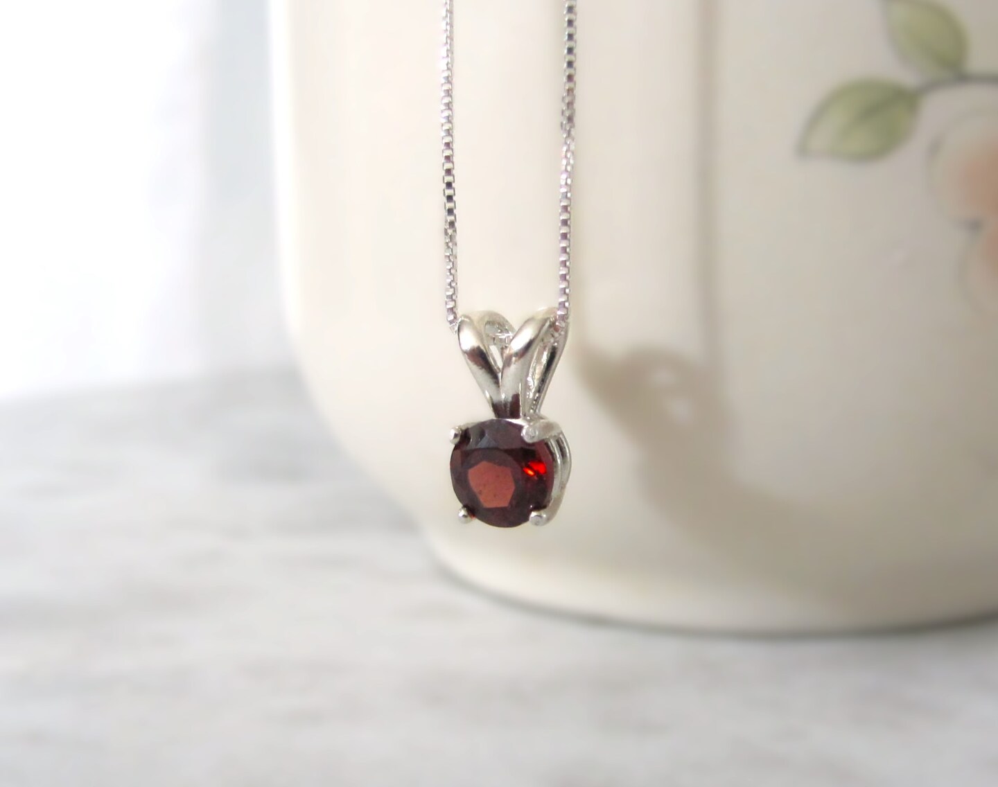 Small Garnet Pendant in Sterling Silver, January Birthstone