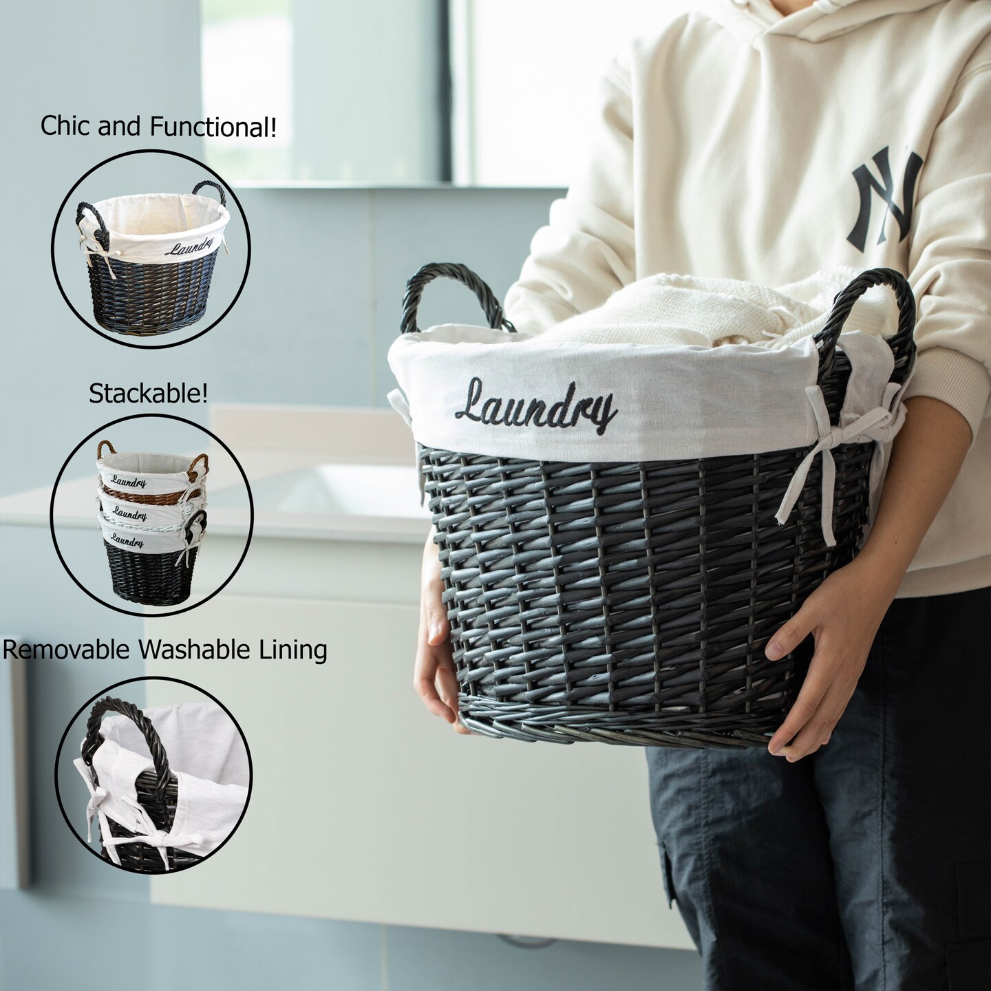Wickerwise Handwoven Laundry Basket with Liner &#x26; Handles - Boho Decorative Storage Hamper for Clothes Blankets Pillows and Towels - Ideal for Laundry Room Bathroom Bedroom and Living Room
