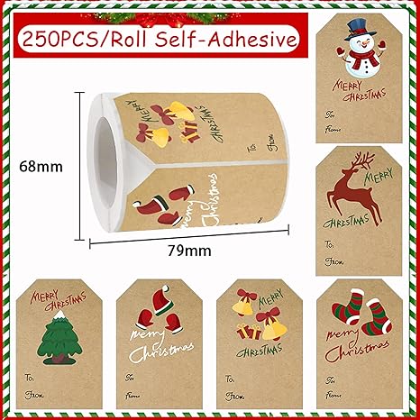 250PCS Kraft Christmas Stickers Labels Self Adhesive Christmas Gift Tags Sticker for Presents Boxes Bags Envelopes Decoration, 2 x 3 Inch