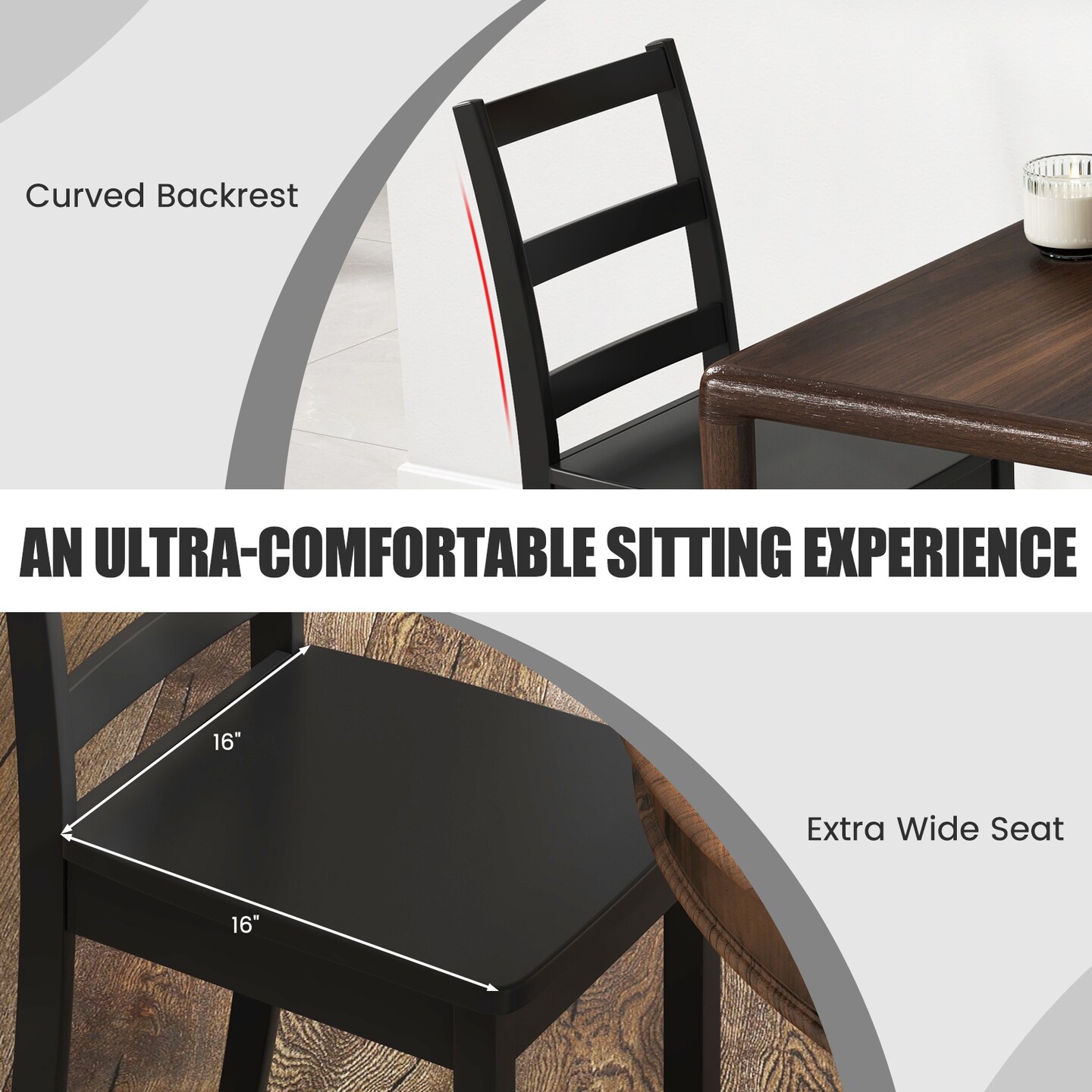 Set of 2 Wood Dining Chairs with Solid Rubber Wood Legs and Curved Backrest