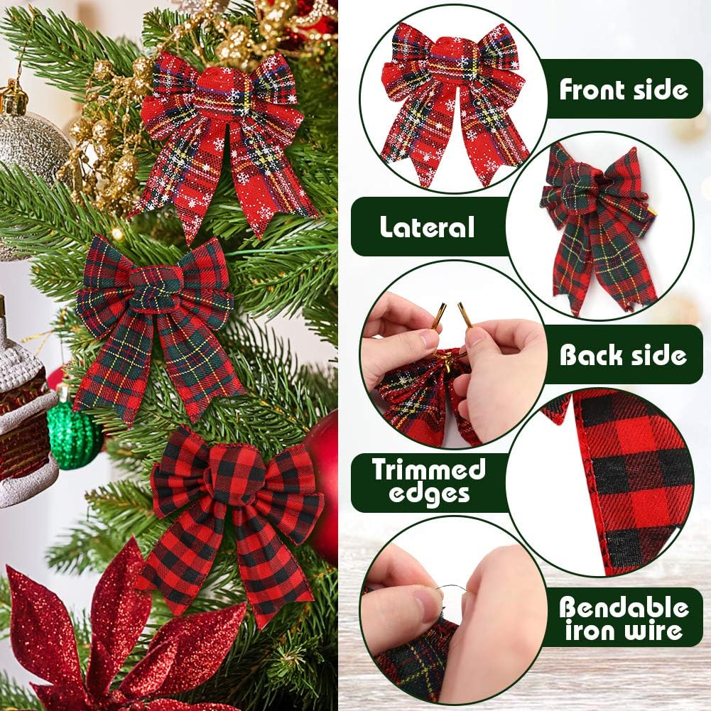 Red Buffalo Plaid Bows 12PCS Christmas Tree Bows Christmas Wreath Bow for Christmas Outdoor Decorations