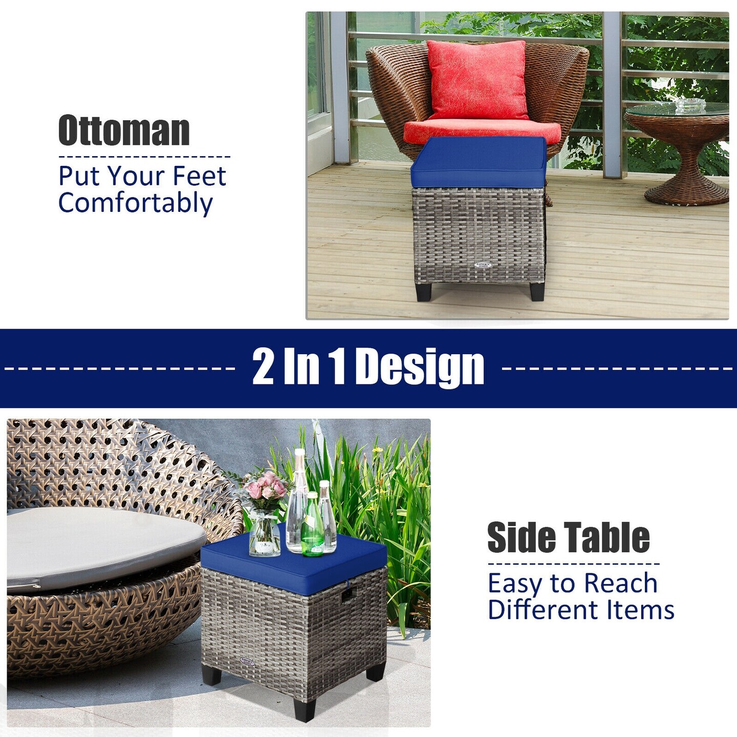 2 Pieces Patio Rattan Wicker Ottoman Seat with Removable Cushions
