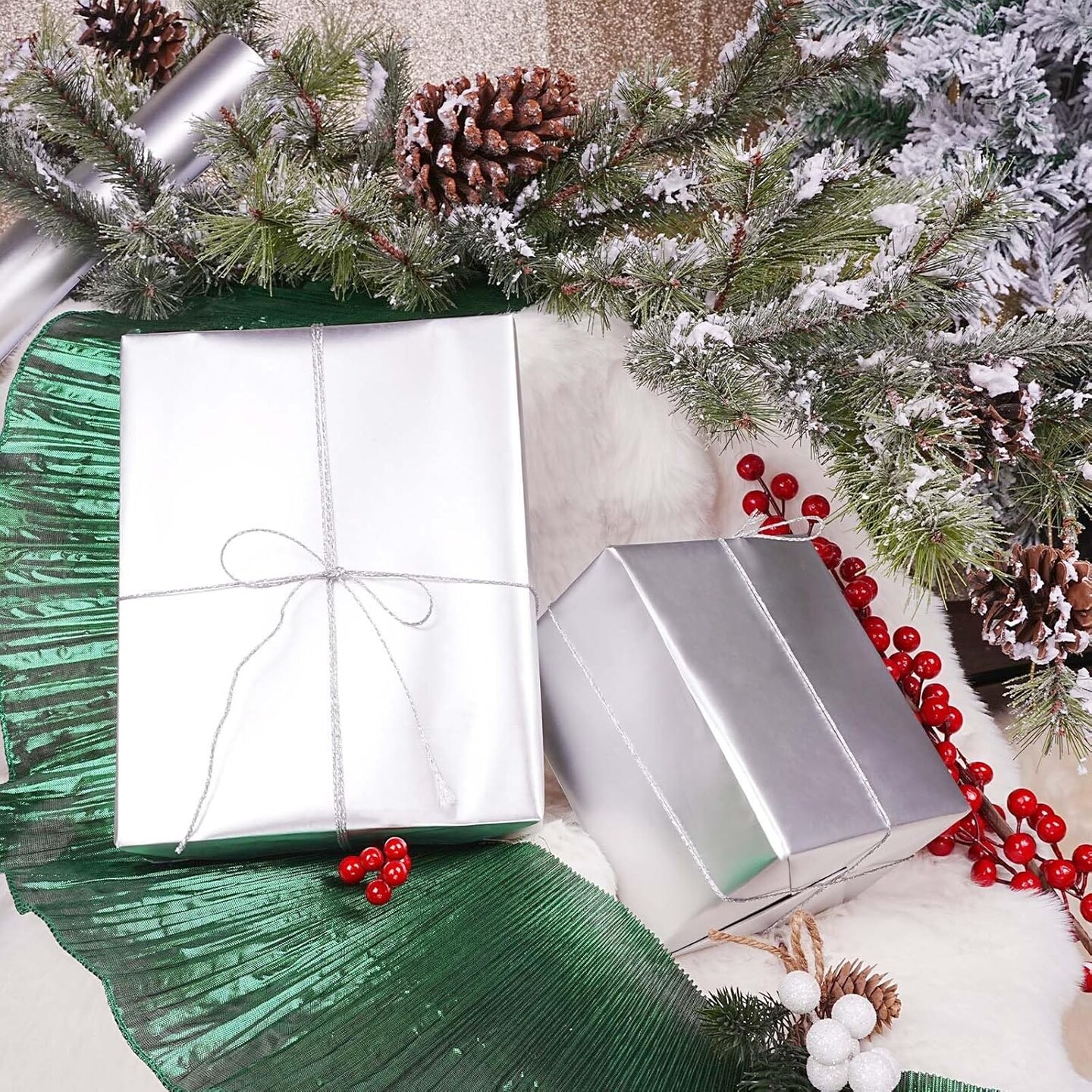 Christmas Wrapping Paper Jumbo Roll with Trim Ribbon 30 Inch X 40 Feet (100 sq. ft. ttl.) Matte Silver Design Perfect for Christmas, Party, Xmas, Holiday Gift Wrap