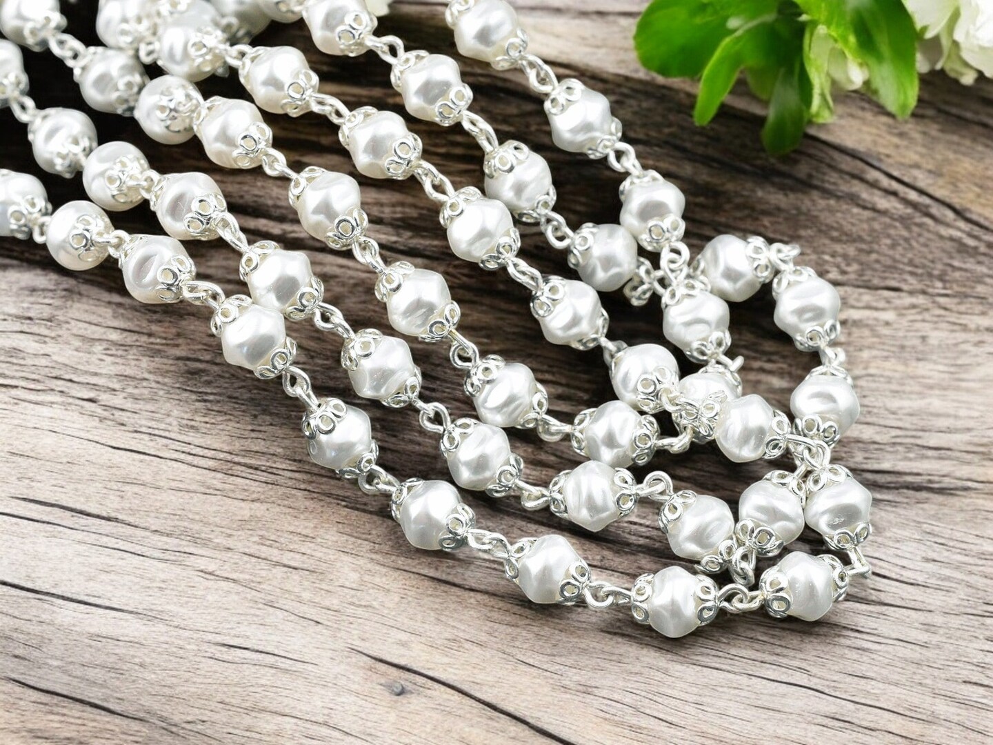 6mm Czech Glass White Baroque Pearl Chain w/ Bright Silver Caps -- Sold by the foot