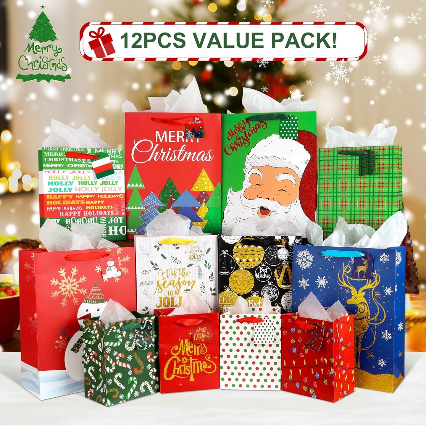 Christmas Bags for Gifts Bulk-12 Pack Holiday Gift Paper Bags with handles, Assorted Sizes Xmas Gift Wrapping Bags for Presents, with Tissue Paper&#x26;Tags(4 Jumbo 16&#x22;, 4 Large 12&#x22;, 4 Medium 9&#x22;)