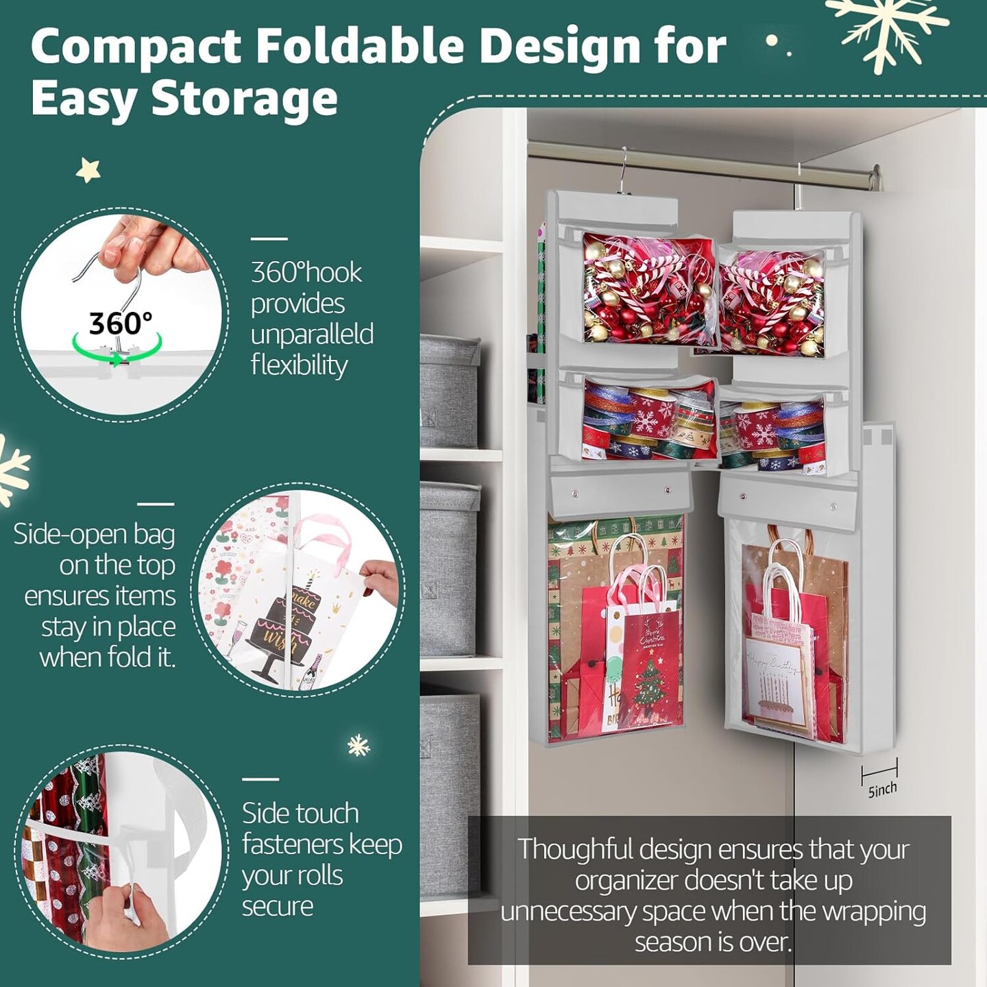 Wrapping Paper Organizer Storage, Double-Sided Hanging Gift Wrap Roll Holder for Christmas, 63&#x22;x13&#x22; Over Door Present Bag Container for Room Closet, White Wrapper Station for Birthday